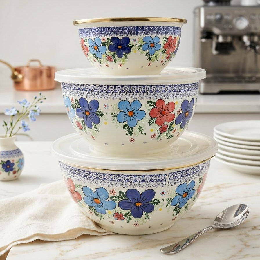 Saladiers en Inox Émaillé – Design Floral Vintage et Couvercles Hermétiques