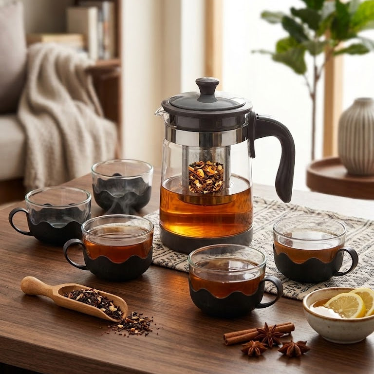 Service à Thé Élégant – Théière en Verre avec 5 Tasses