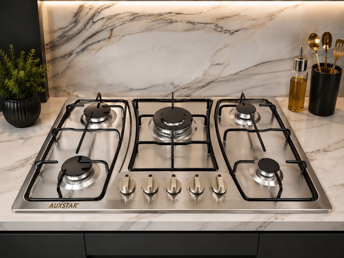 Plaque de Cuisson 5 Feux Inox & Verre – Design Élégant et Performance Professionnelle