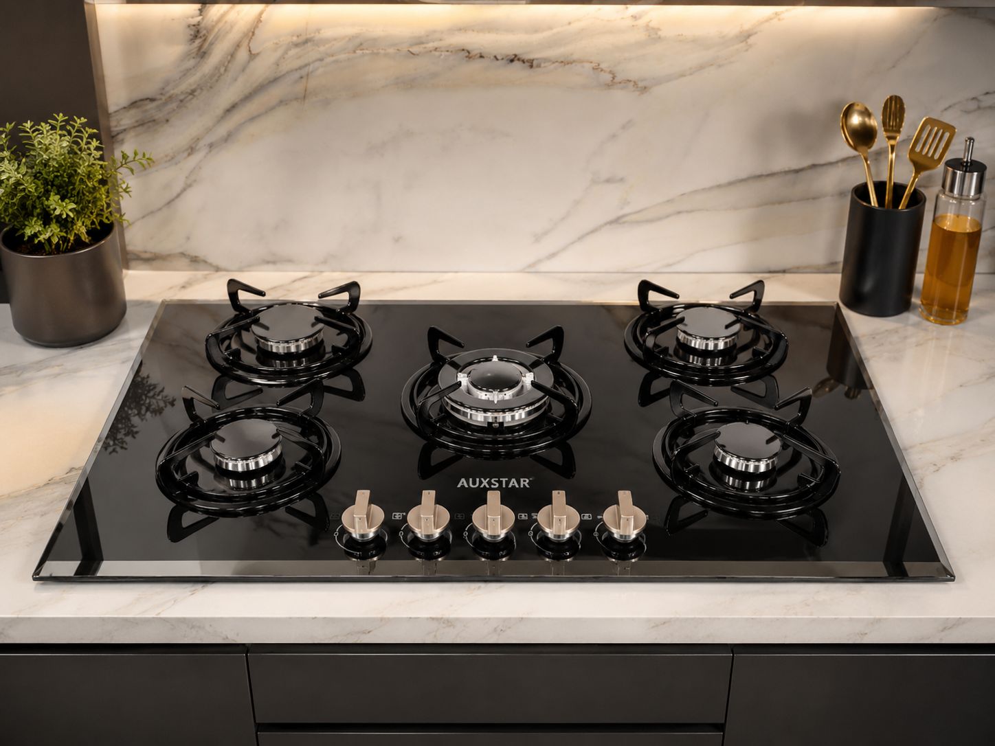 Plaque de Cuisson 5 Feux Inox & Verre – Design Élégant et Performance Professionnelle