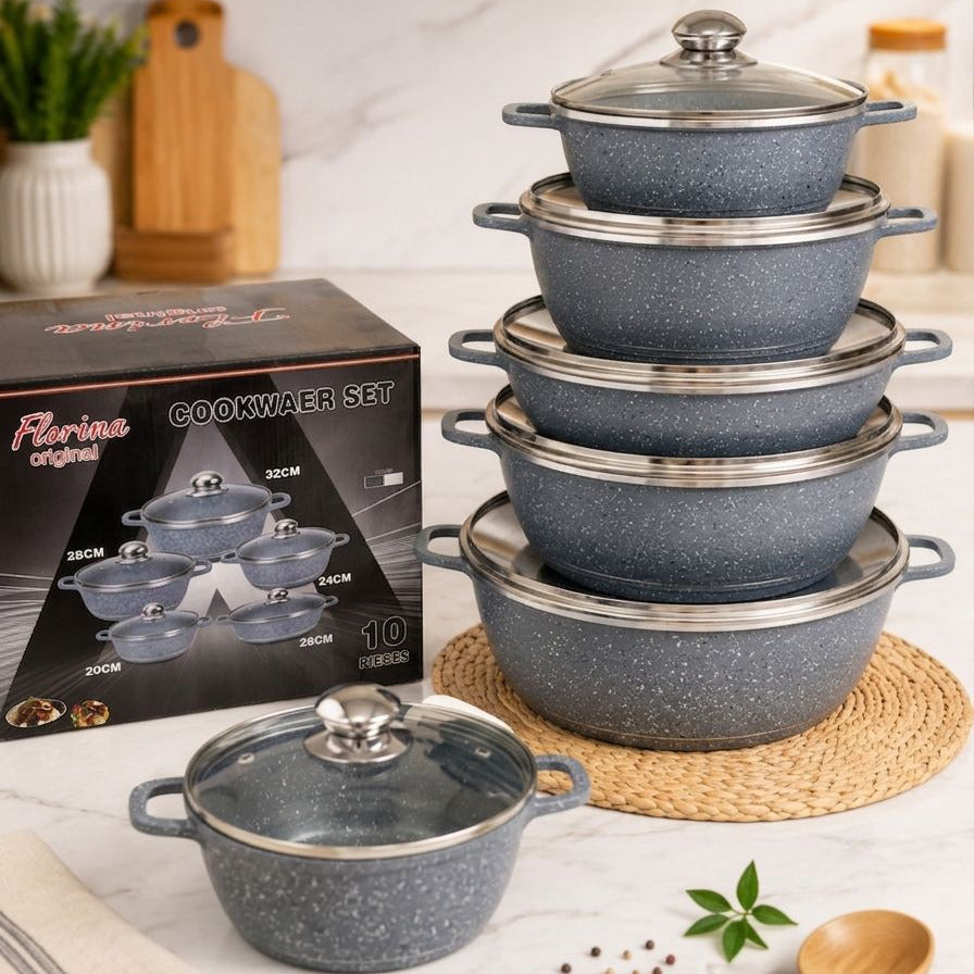 Service de Cuisine Granite 5 Pièces avec Couvercles en Verre