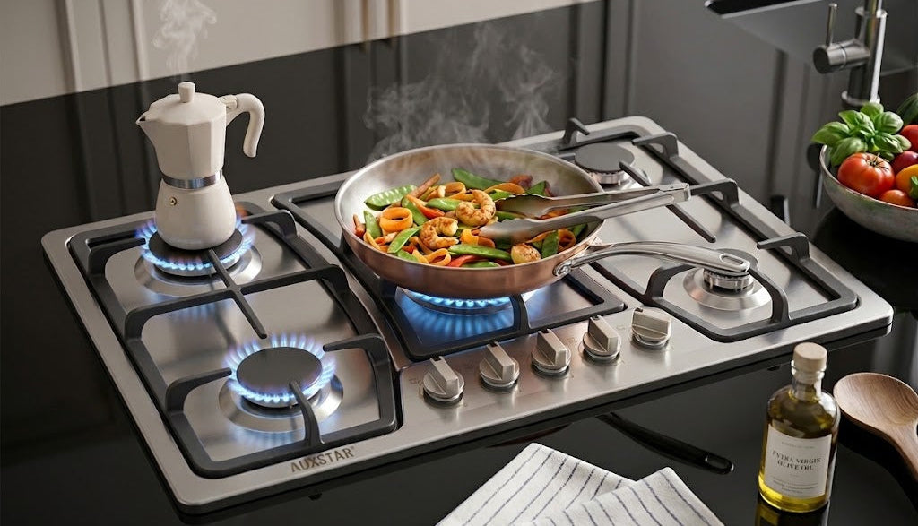 Plaque de Cuisson 5 Feux Inox & Verre – Design Élégant et Performance Professionnelle