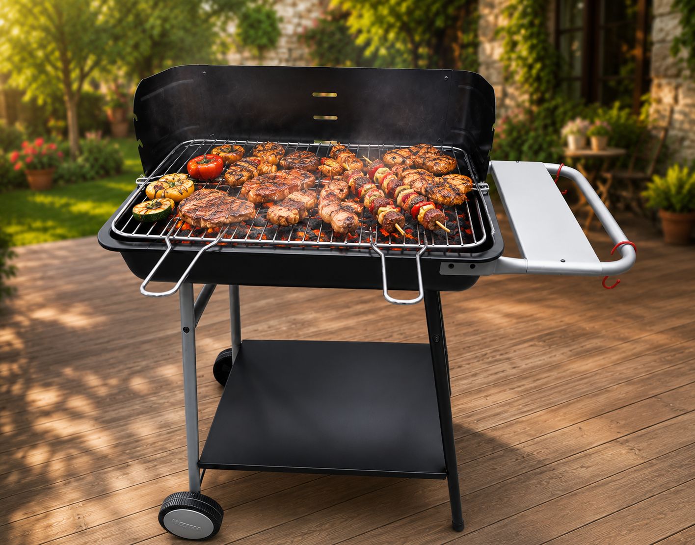 Barbecue familial grand format avec roues – design moderne et élégant