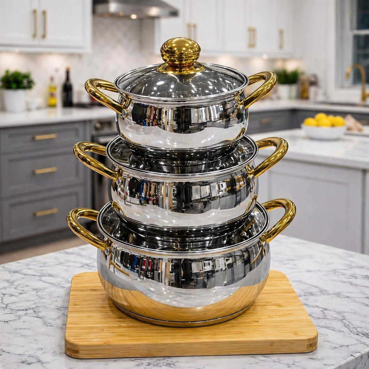 Service de Cuisine Inox 18/10 – 6 Pièces Élégantes avec Finition Dorée ✨