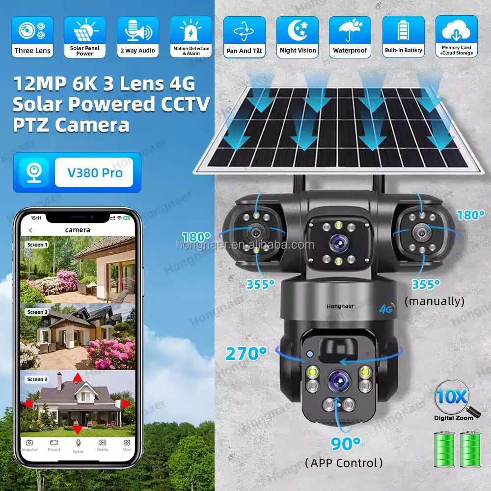 Caméra de surveillance extérieure intelligente 12MP 6K PTZ 3 caméras en 1 – 4G, solaire, vision nocturne