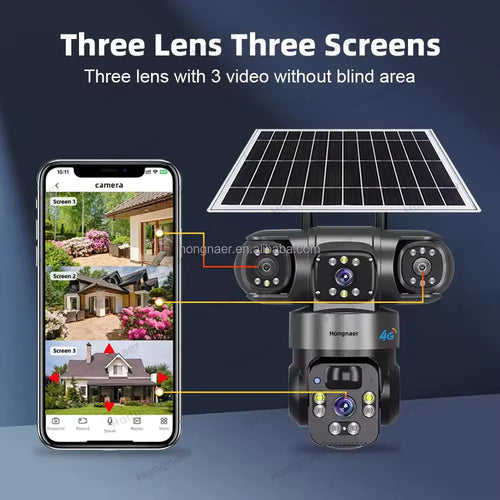 Caméra de surveillance extérieure intelligente 12MP 6K PTZ 3 caméras en 1 – 4G, solaire, vision nocturne