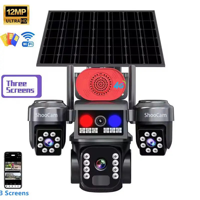 Caméra de surveillance extérieure intelligente 12MP 6K PTZ 3 caméras en 1 – 4G, solaire, vision nocturne