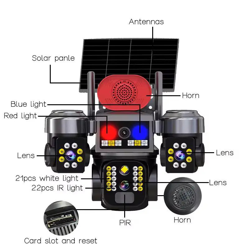 Caméra de surveillance extérieure intelligente 12MP 6K PTZ 3 caméras en 1 – 4G, solaire, vision nocturne