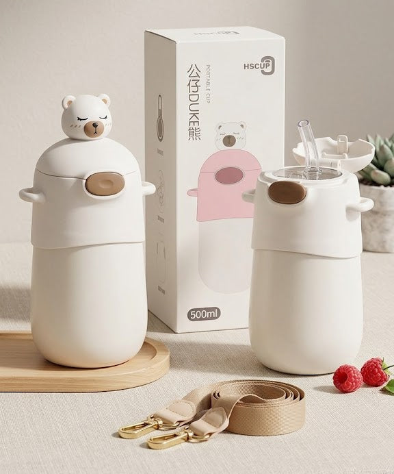 Thermos 500ml Intérieur Inox – Avec Paille & Ceinture Élégante ✨🐼