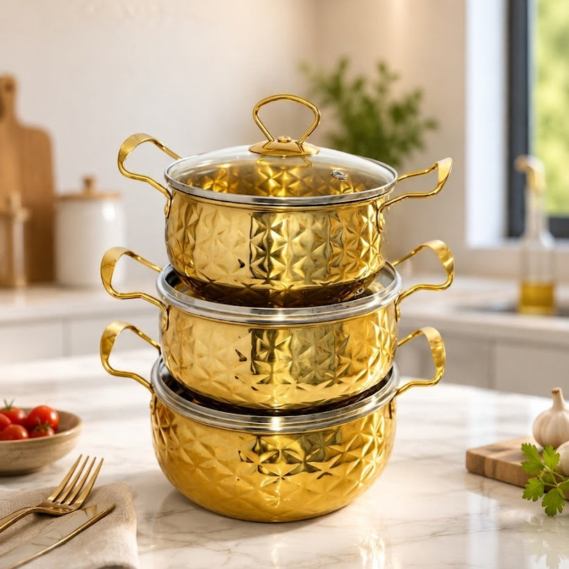 Série de casseroles 3 pièces en inox doré et argent – qualité premium