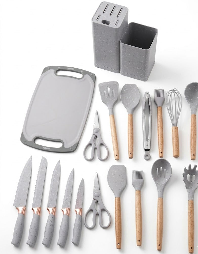 Support à louches en silicone avec poignée en bois – lot de 19 pièces