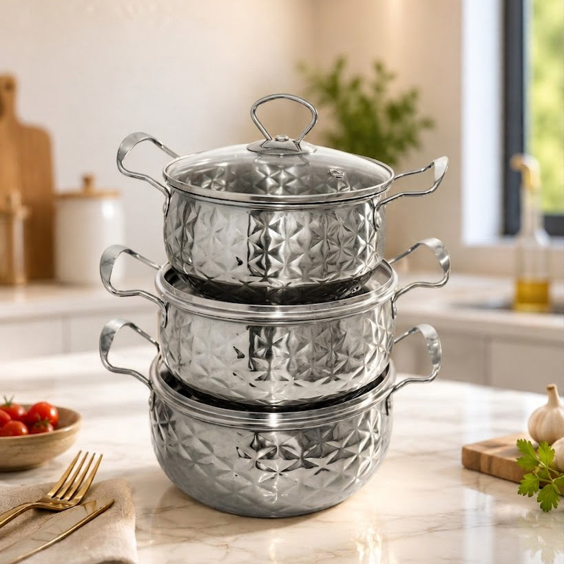 Série de casseroles 3 pièces en inox doré et argent – qualité premium