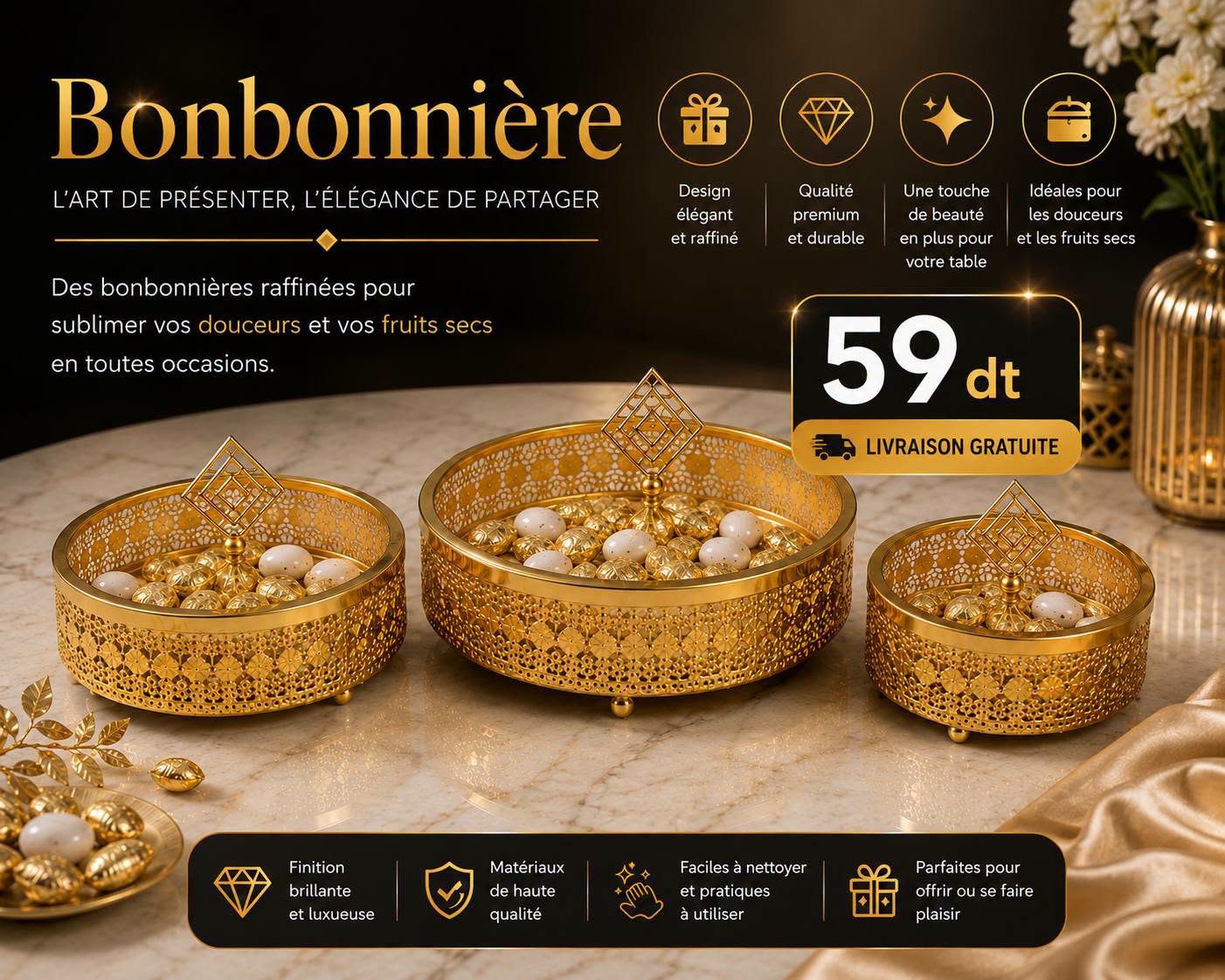 3 Bonbonnières Élégantes – Décoration de Table Haut de Gamme