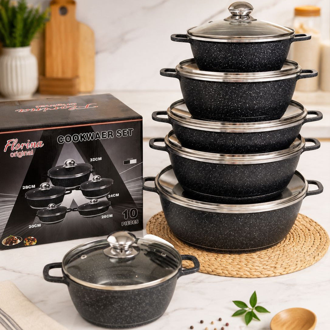Service de Cuisine Granite 5 Pièces avec Couvercles en Verre