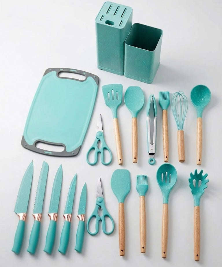 Support à louches en silicone avec poignée en bois – lot de 19 pièces