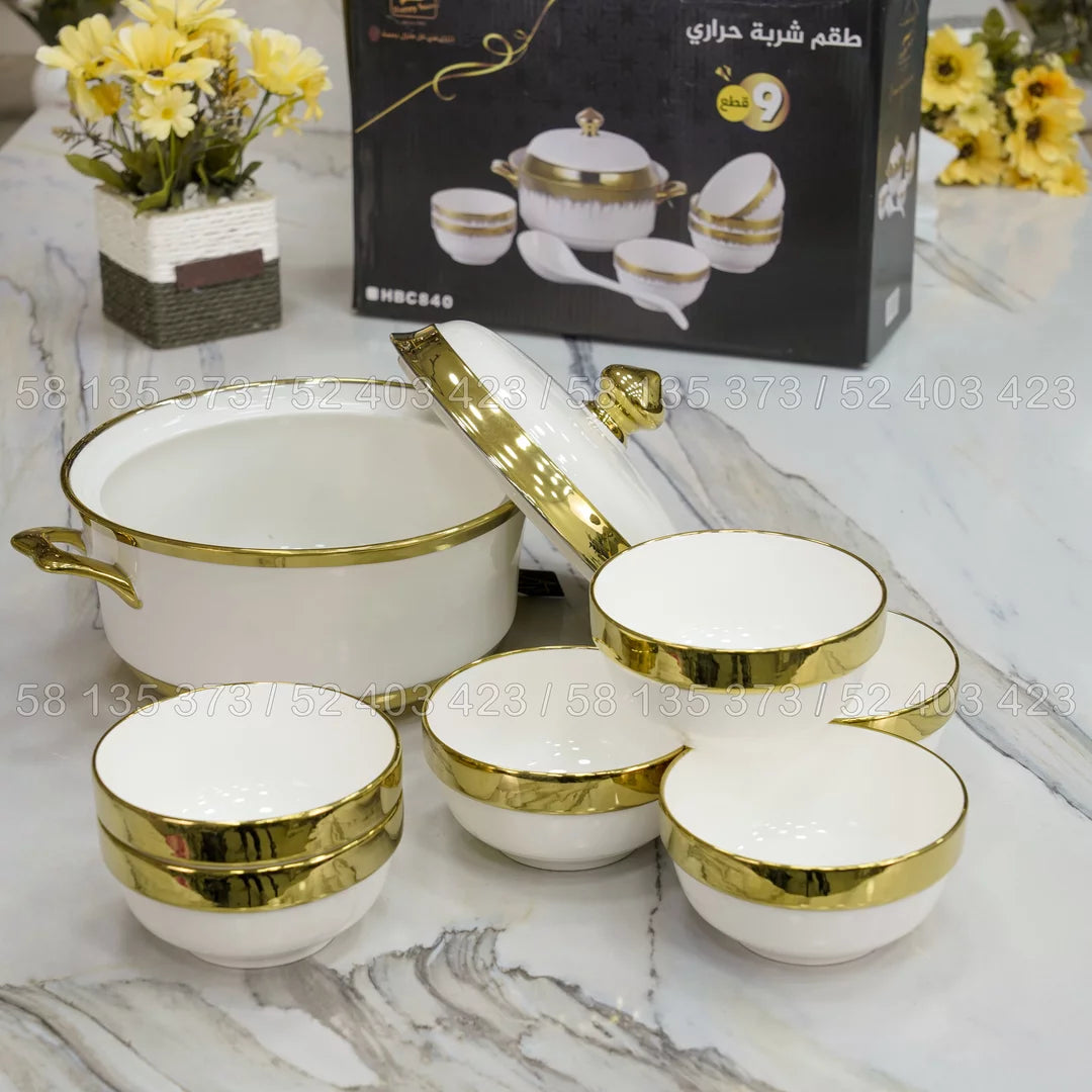 Service à Soupe 9 Pièces Blanc & Doré – Élégance Raffinée pour Votre Table ✨🍽️