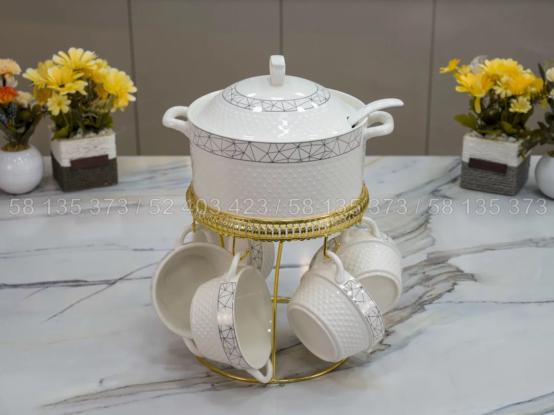 Service à Soupe 10 Pièces avec Support Doré – Soupière & 6 Bols Élégants pour une Table Chic 🍲✨