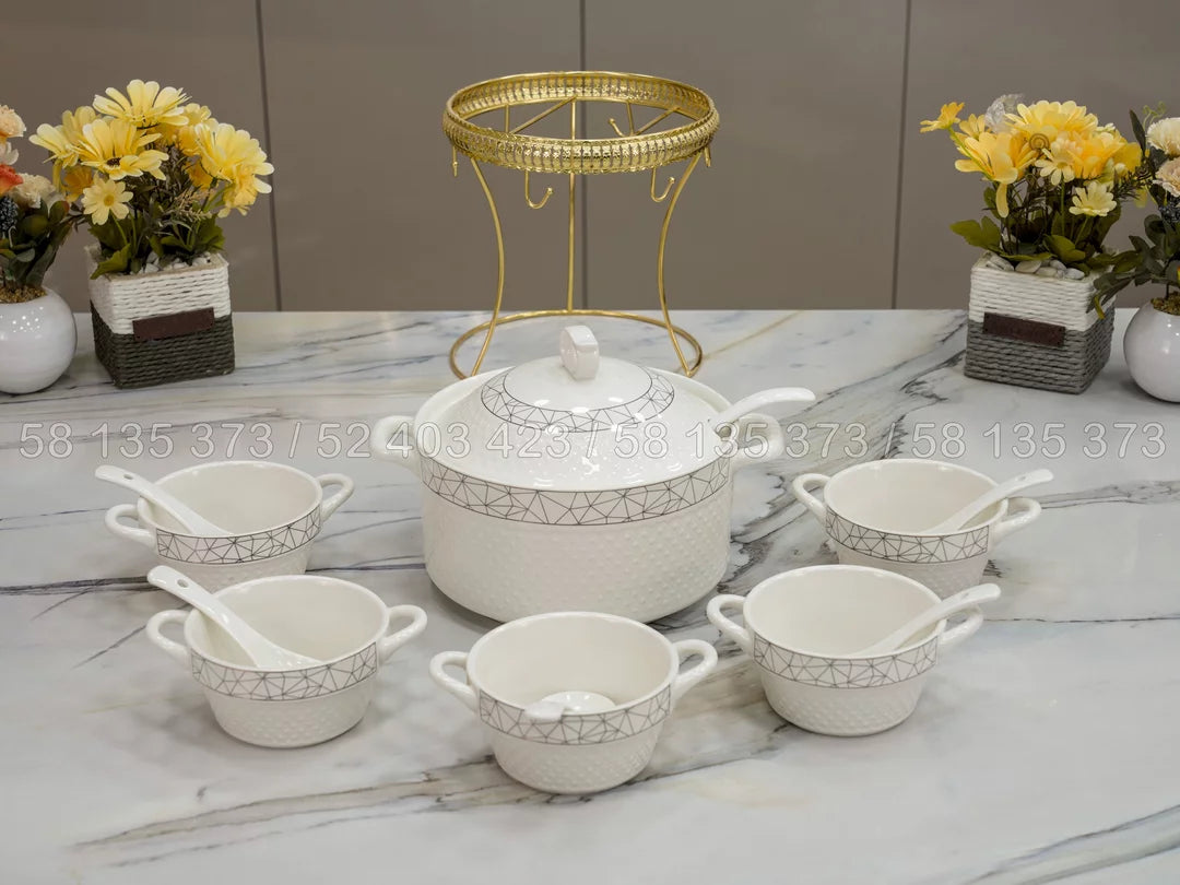 Service à Soupe 10 Pièces avec Support Doré – Soupière & 6 Bols Élégants pour une Table Chic 🍲✨