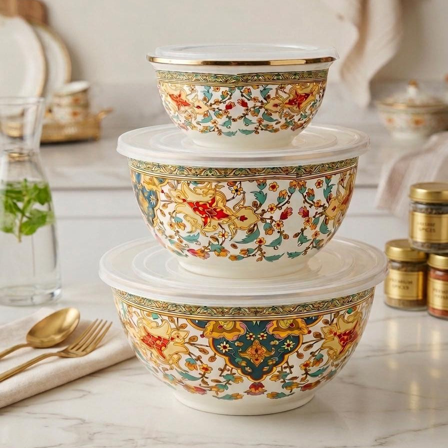 Saladiers en Inox Émaillé – Design Floral Vintage et Couvercles Hermétiques