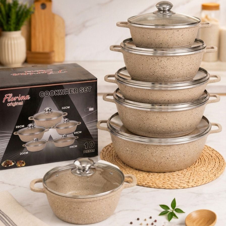Service de Cuisine Granite 5 Pièces avec Couvercles en Verre