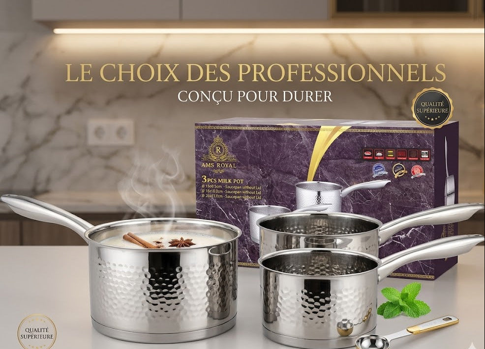 3 Casseroles Martelées en Acier Inoxydable :Performance & Élégance