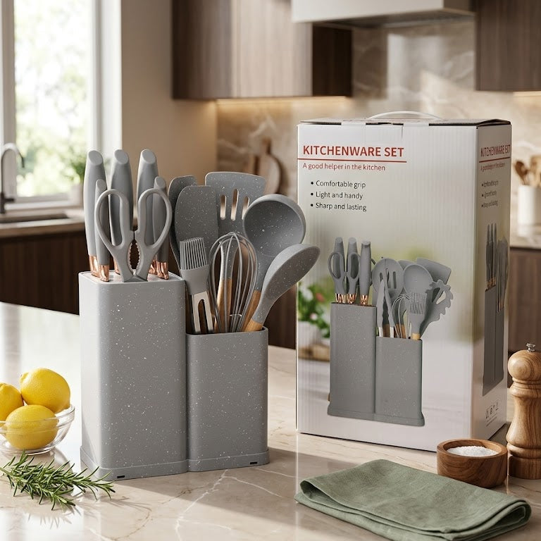 Support à louches en silicone avec poignée en bois – lot de 19 pièces