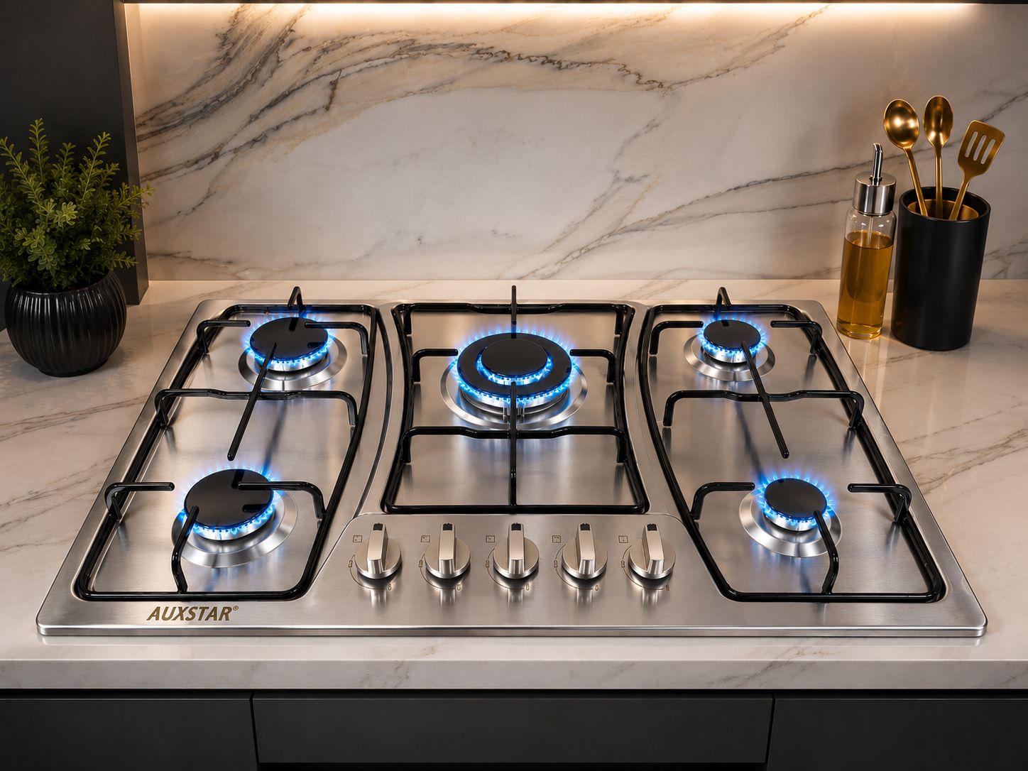 Plaque de Cuisson 5 Feux Inox & Verre – Design Élégant et Performance Professionnelle