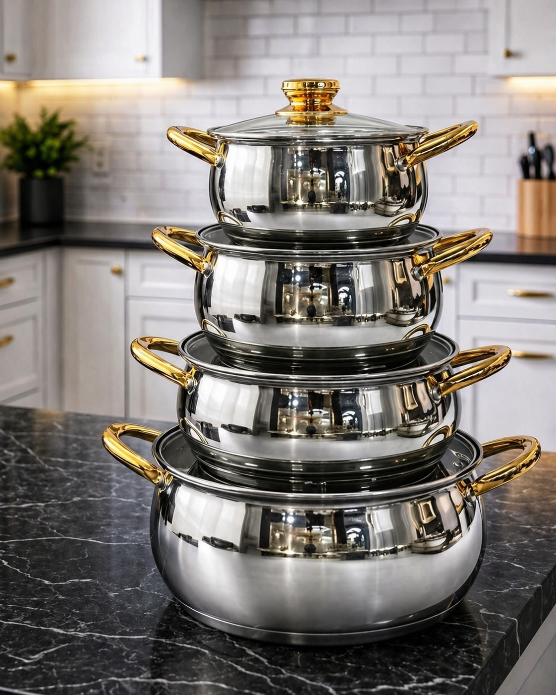 Service de Casseroles Inox 18/10 – 8 Pièces Premium avec Finition Dorée Élégante ✨🍳
