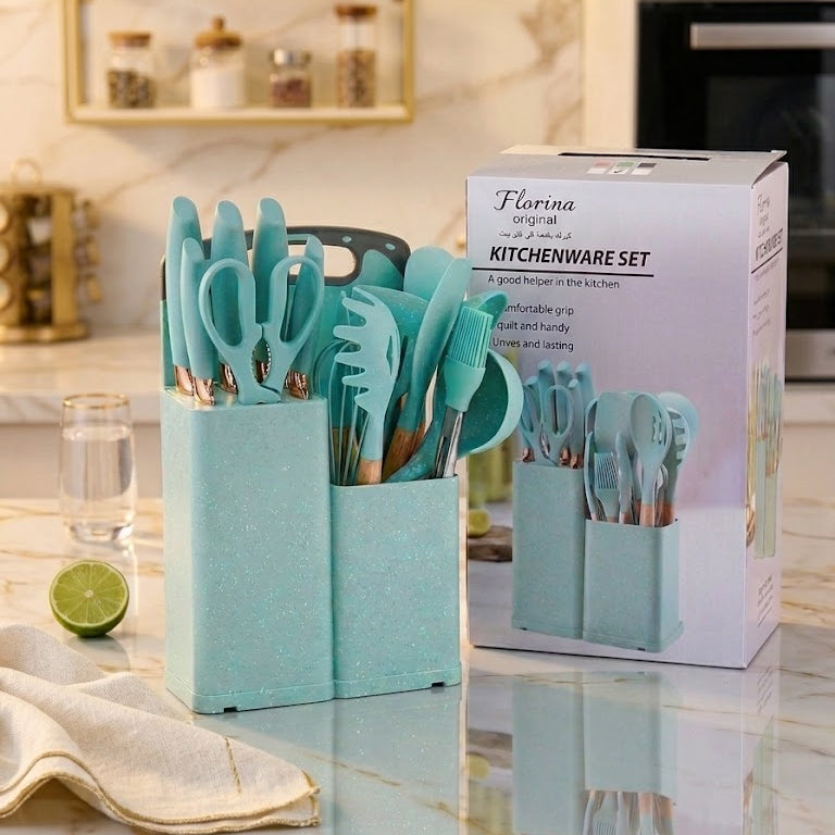 Support à louches en silicone avec poignée en bois – lot de 19 pièces