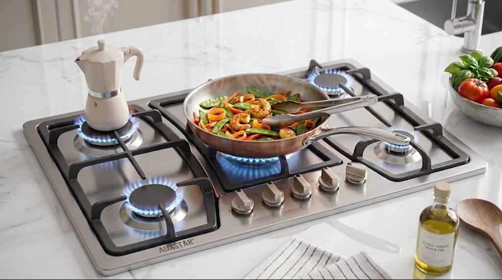 Plaque de Cuisson 5 Feux Inox & Verre – Design Élégant et Performance Professionnelle