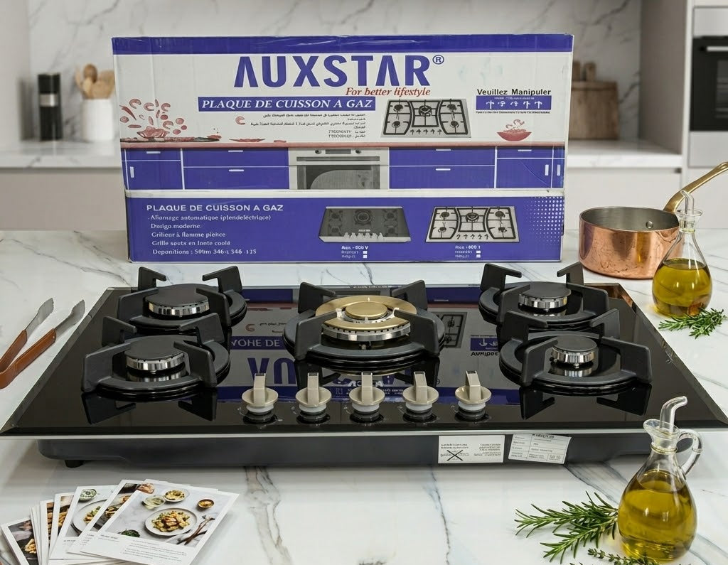 Plaque à gaz 5 feux en verre – Finition luxueuse et durable