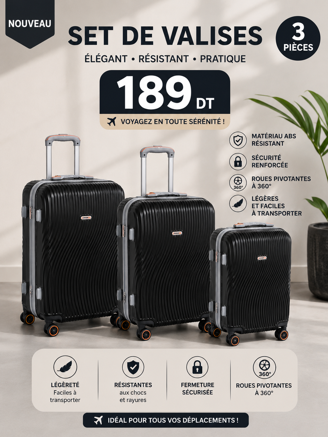 valises 3pieces 189dt