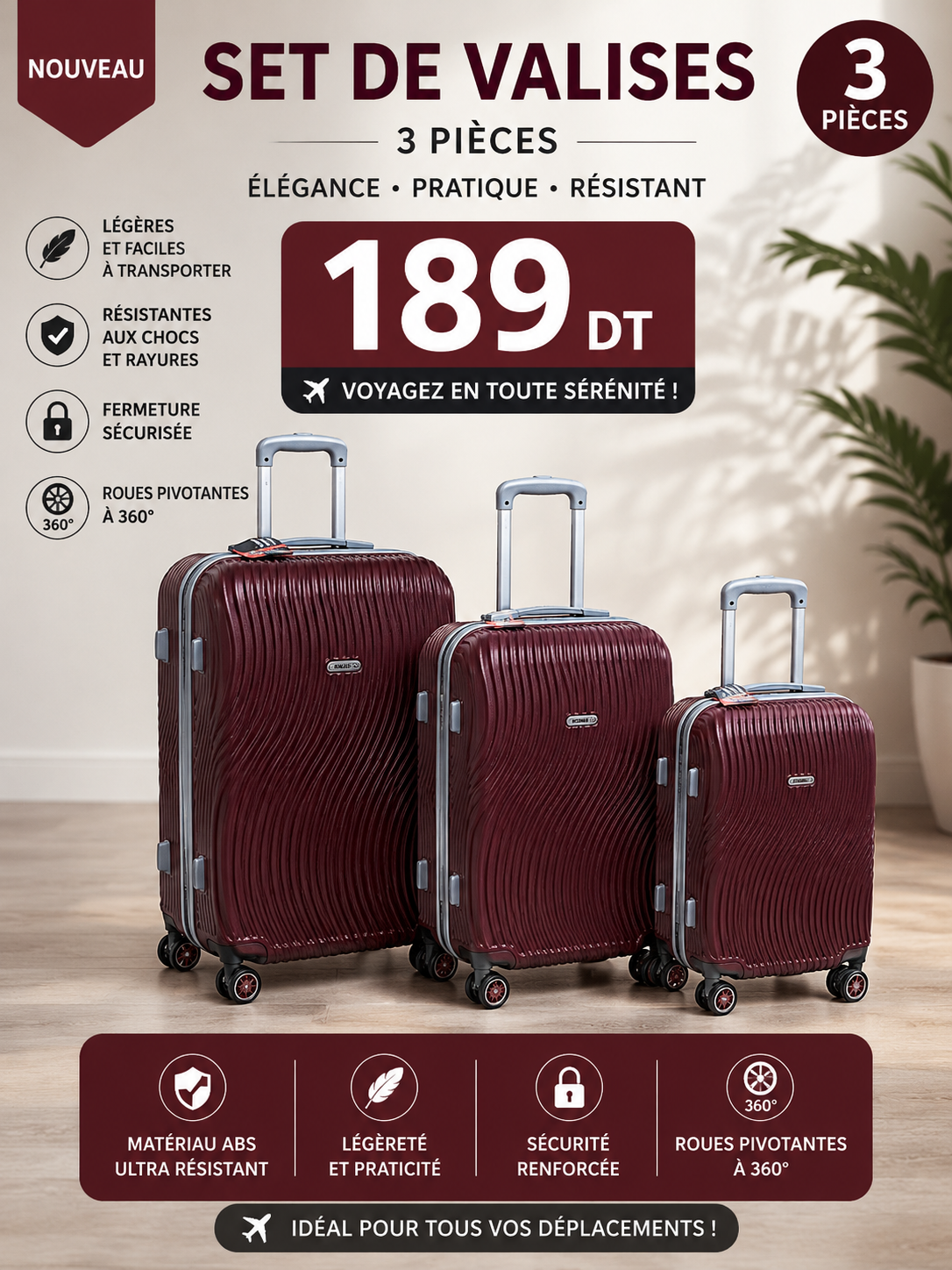 valises 3pieces 189dt
