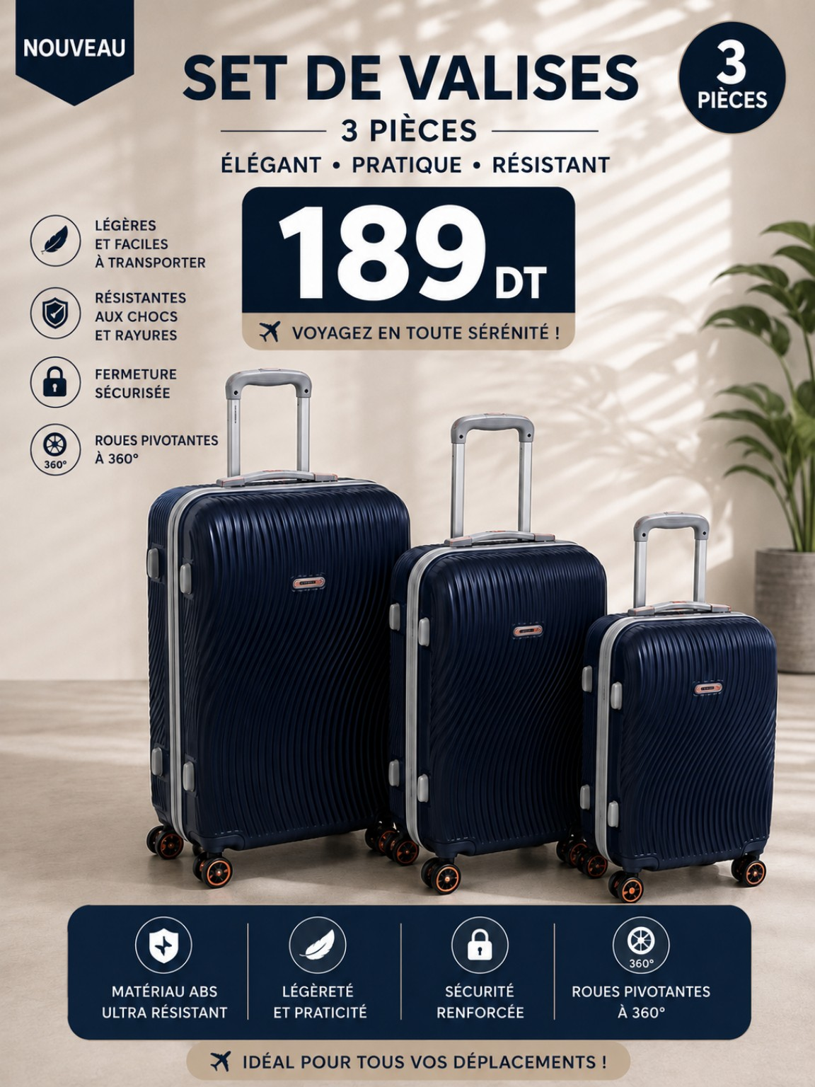 valises 3pieces 189dt